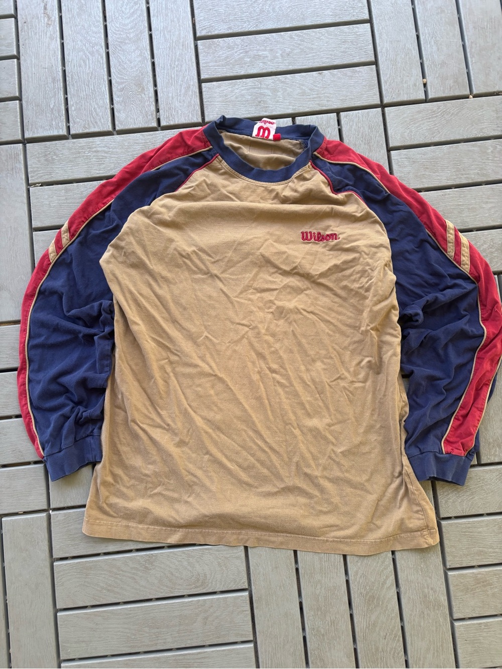 Wilson Tan Long Sleeve Raglan Shirt with Navy Sleeves & Red Accents